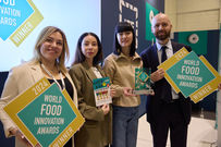 World Food Innovation Awards Winners at the 2024 ceremony, holding giant winner's logo plaques
