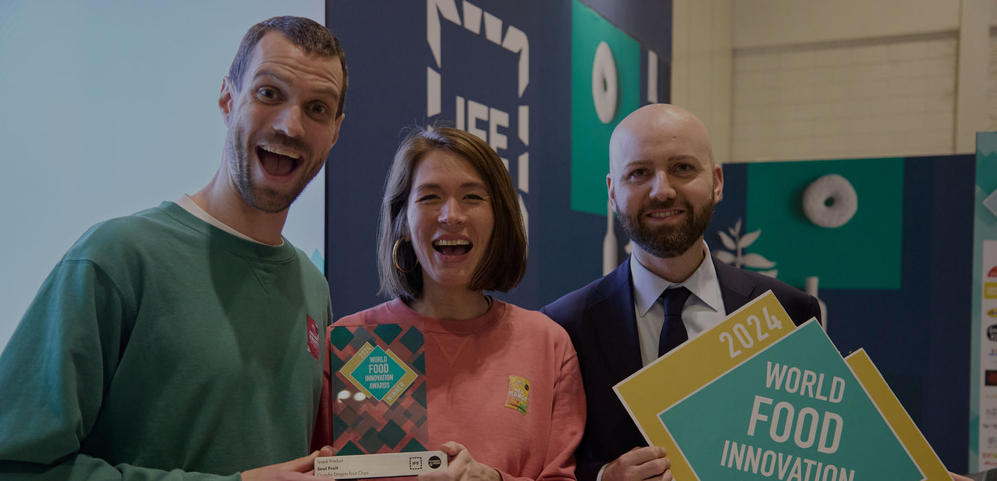 SOul Fruit, Winners of Best Snack, celebrating with their trophy at the World Food Innovation Awards 2024, at IFE
